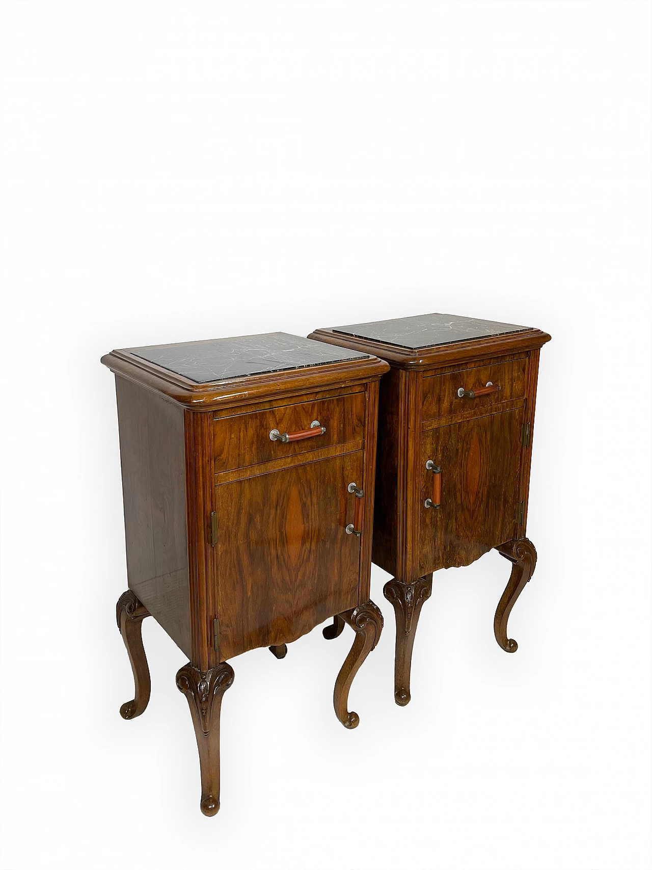 Pair of walnut bedside table with black veined marble top, 1930s 4
