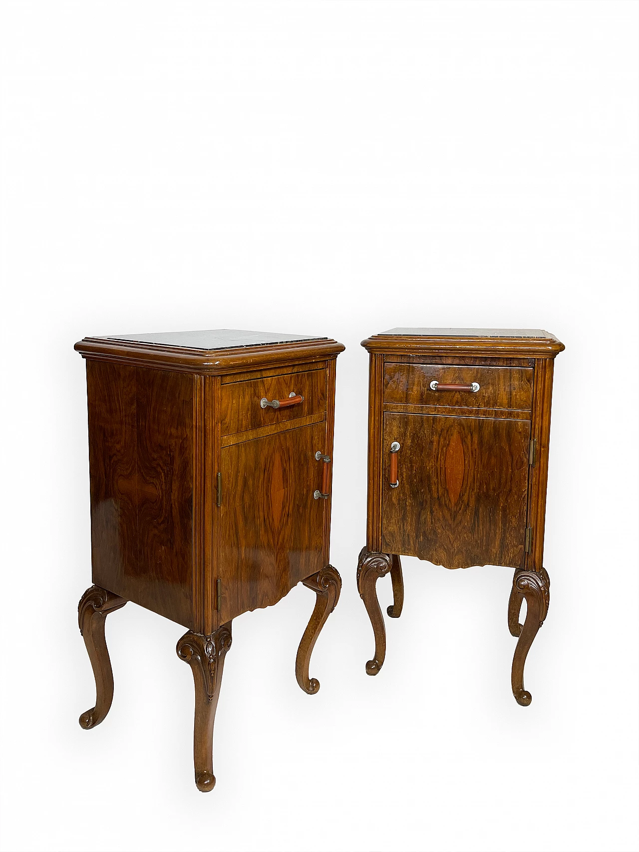 Pair of walnut bedside table with black veined marble top, 1930s 6
