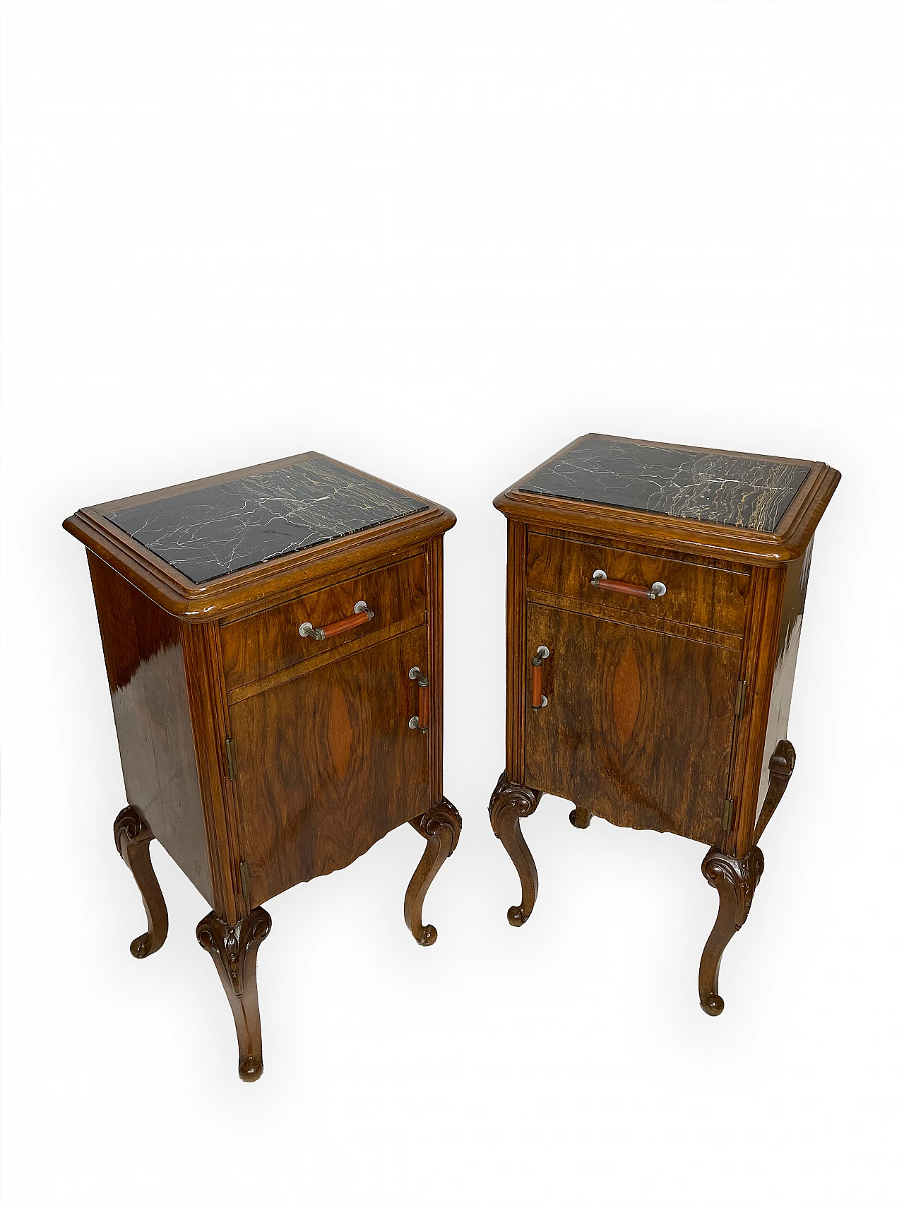 Pair of walnut bedside table with black veined marble top, 1930s 7