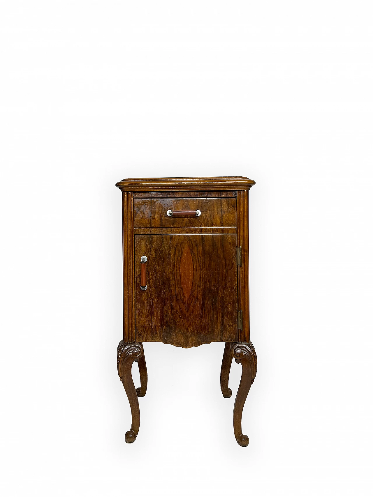 Pair of walnut bedside table with black veined marble top, 1930s 8