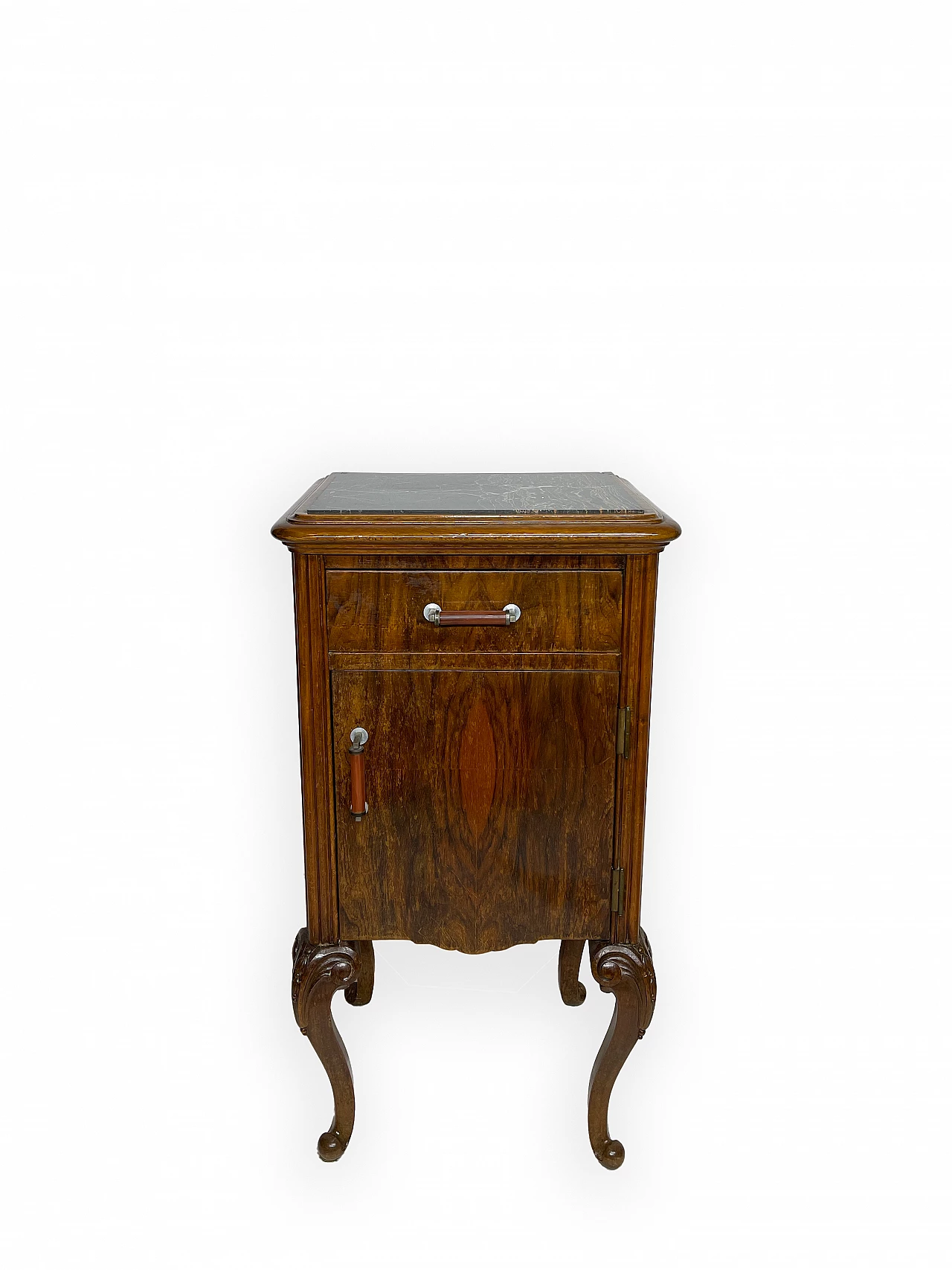 Pair of walnut bedside table with black veined marble top, 1930s 9