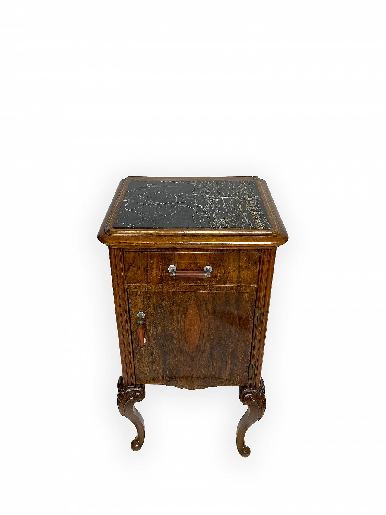Pair of walnut bedside table with black veined marble top, 1930s 10