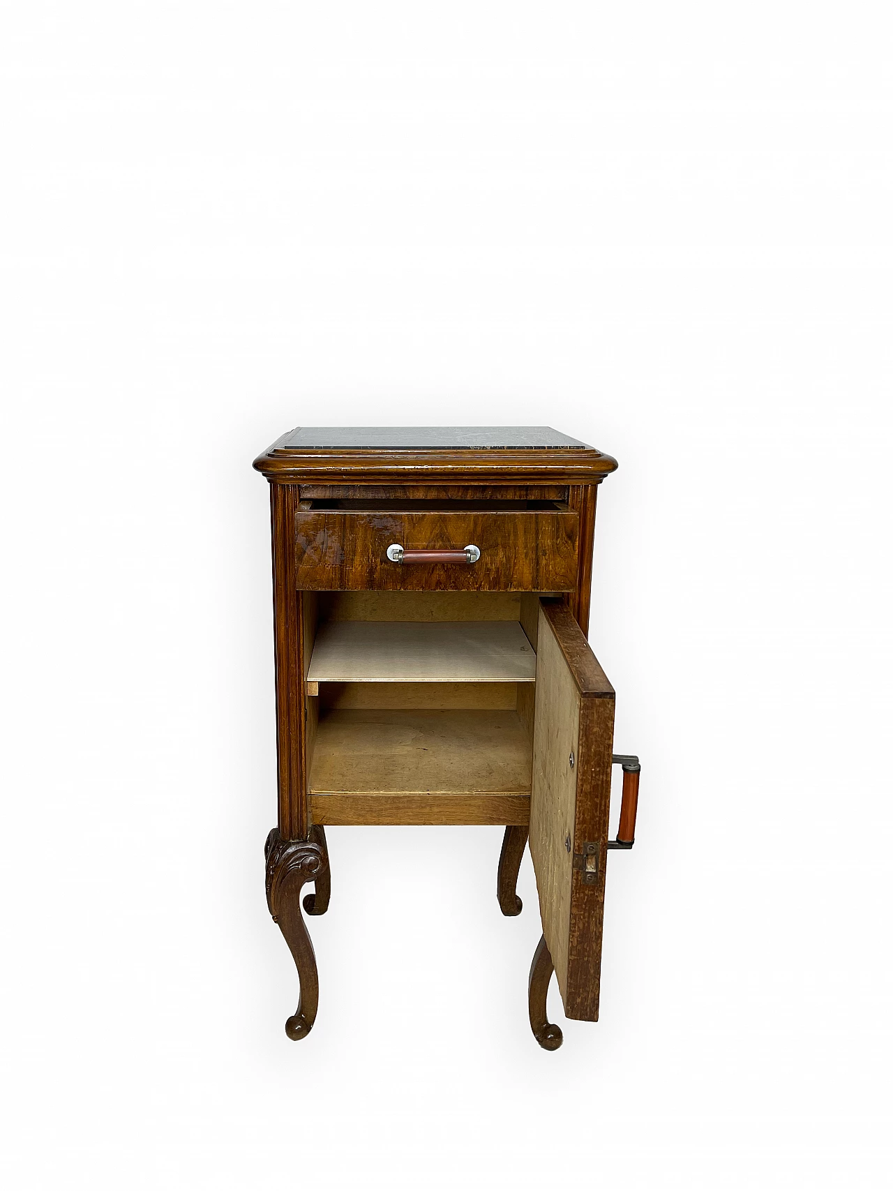 Pair of walnut bedside table with black veined marble top, 1930s 13