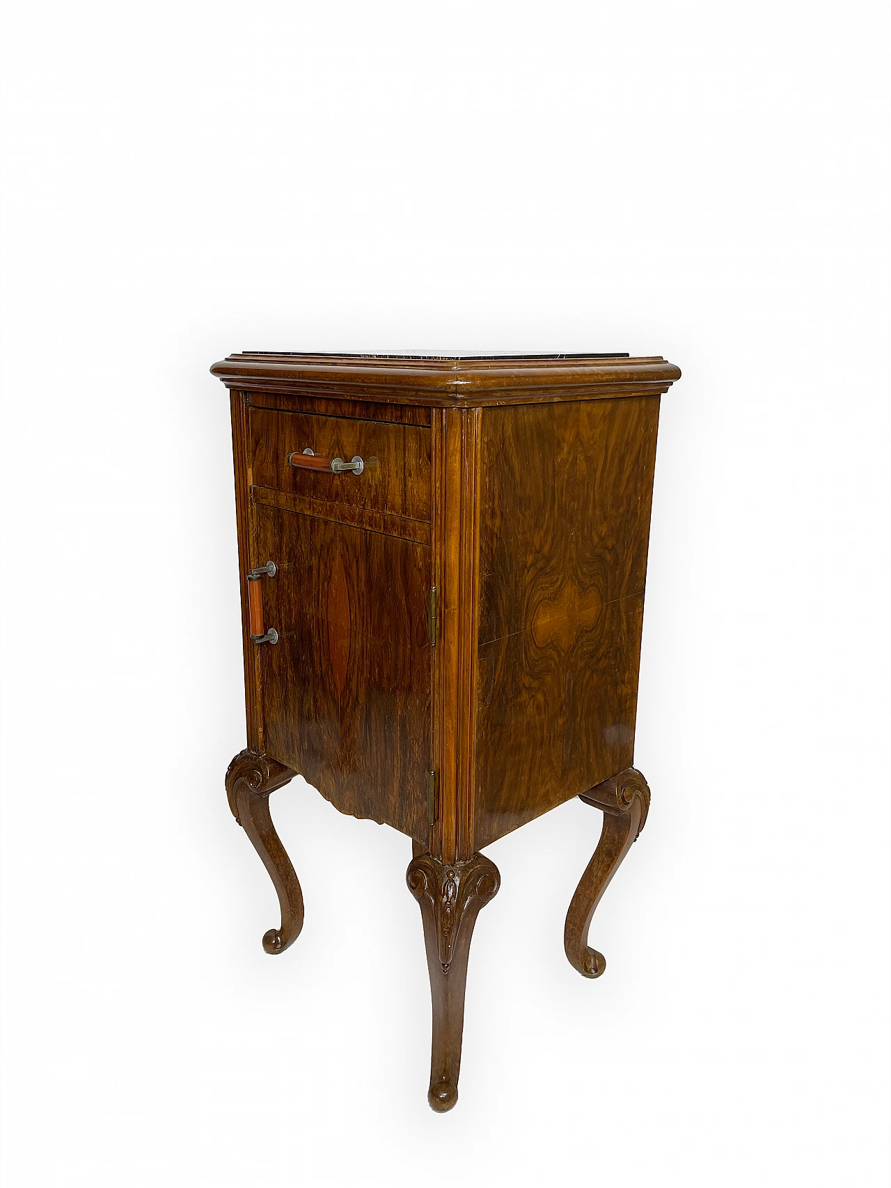 Pair of walnut bedside table with black veined marble top, 1930s 18
