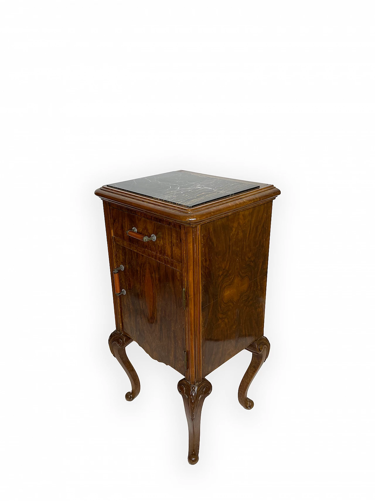 Pair of walnut bedside table with black veined marble top, 1930s 19