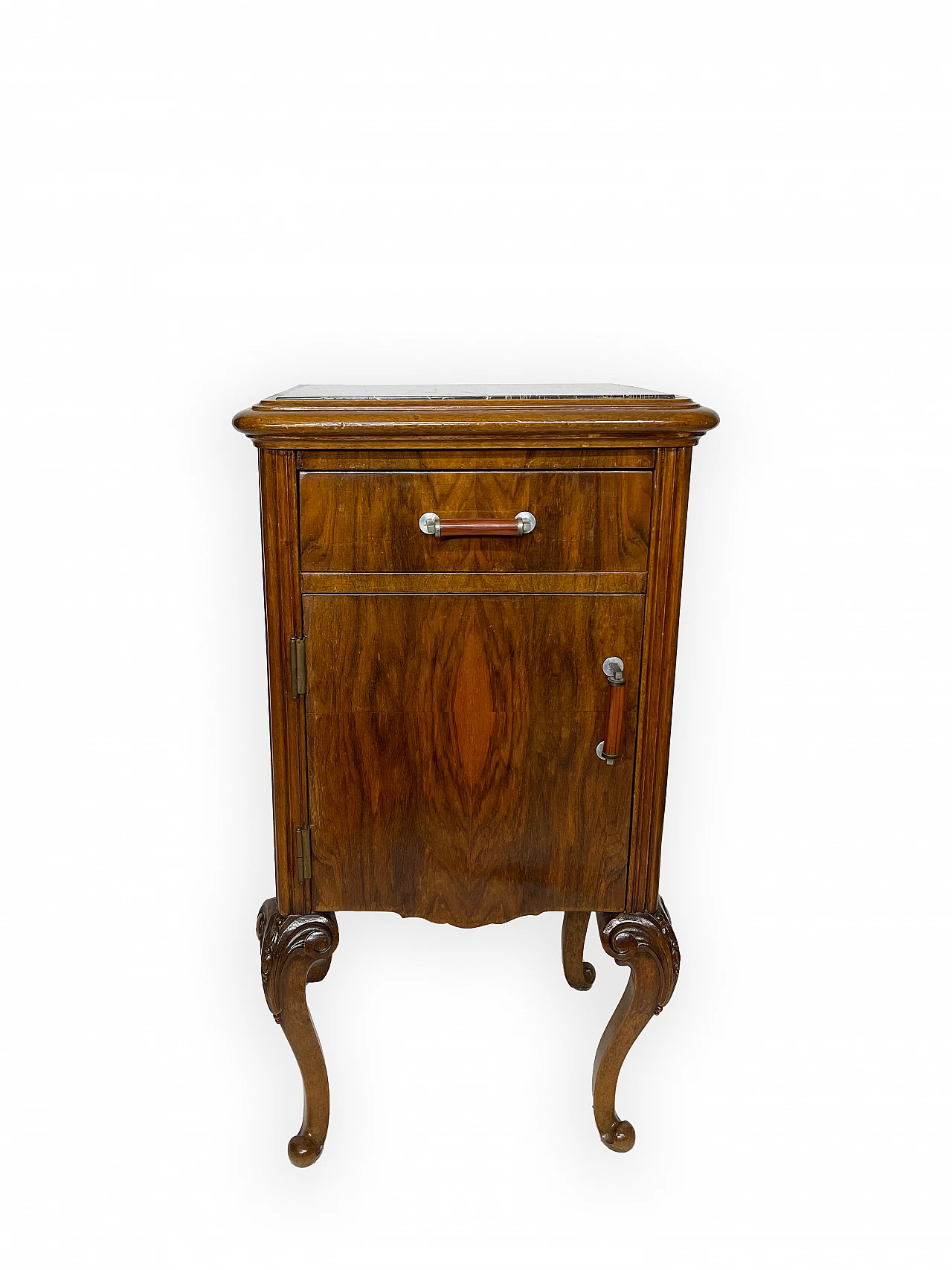 Pair of walnut bedside table with black veined marble top, 1930s 21