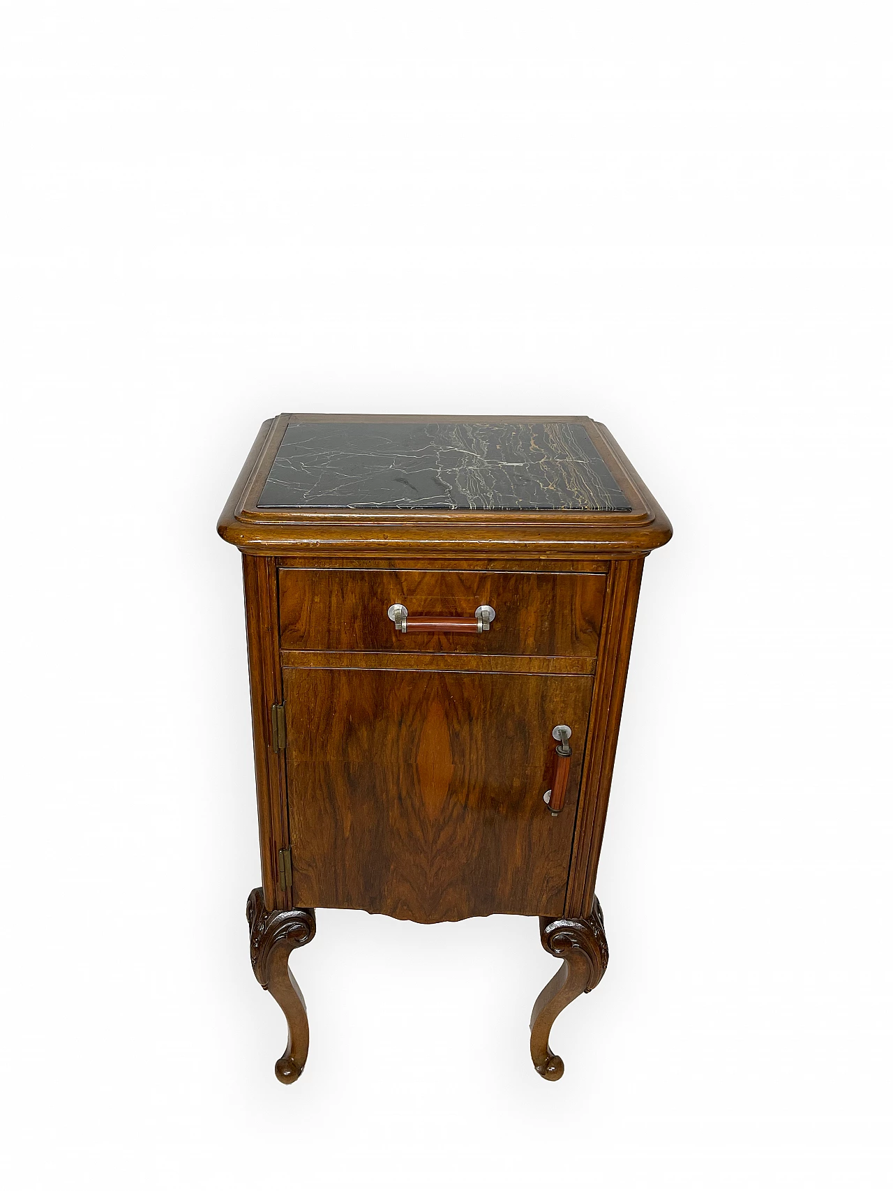 Pair of walnut bedside table with black veined marble top, 1930s 22