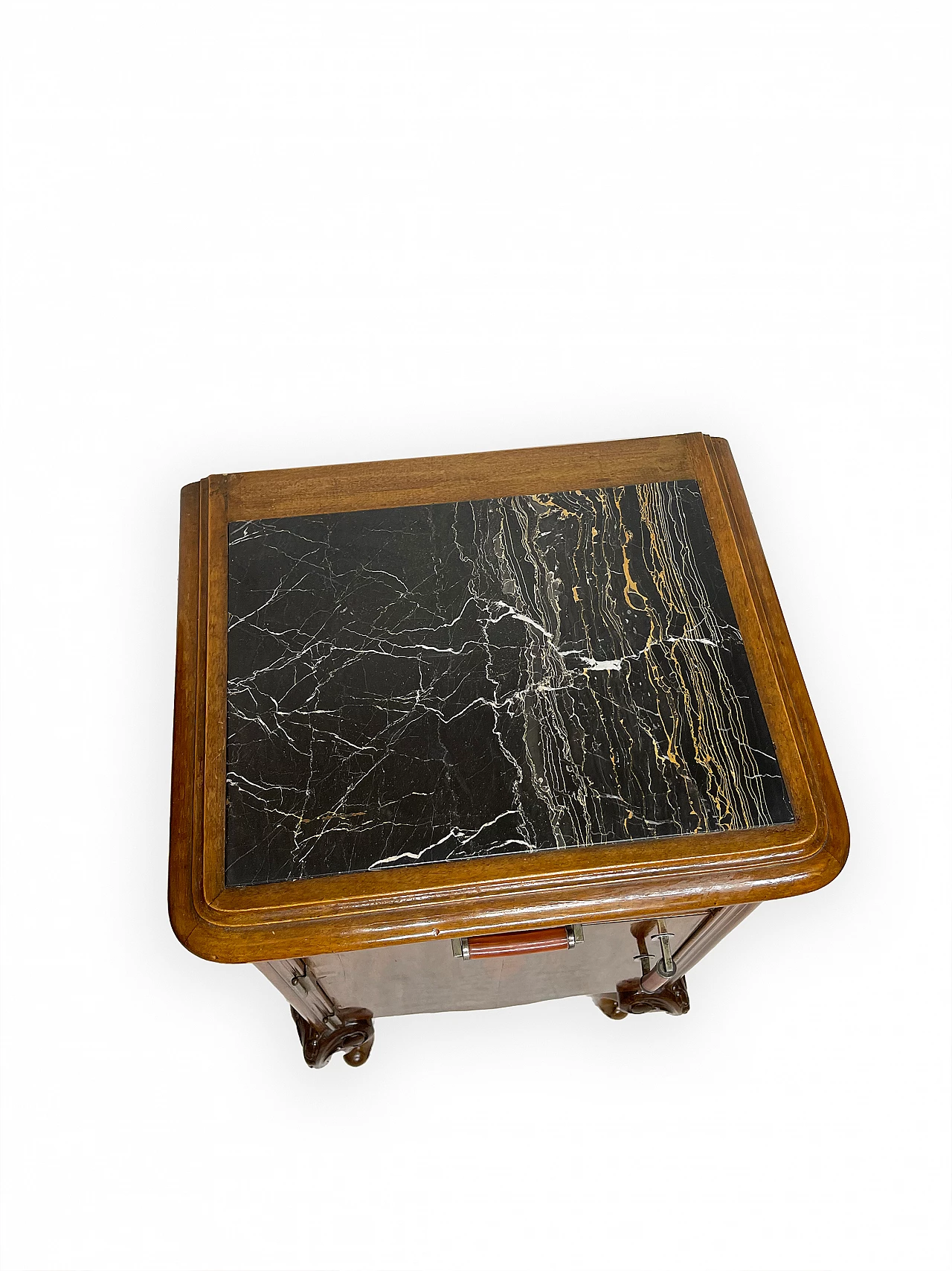 Pair of walnut bedside table with black veined marble top, 1930s 24