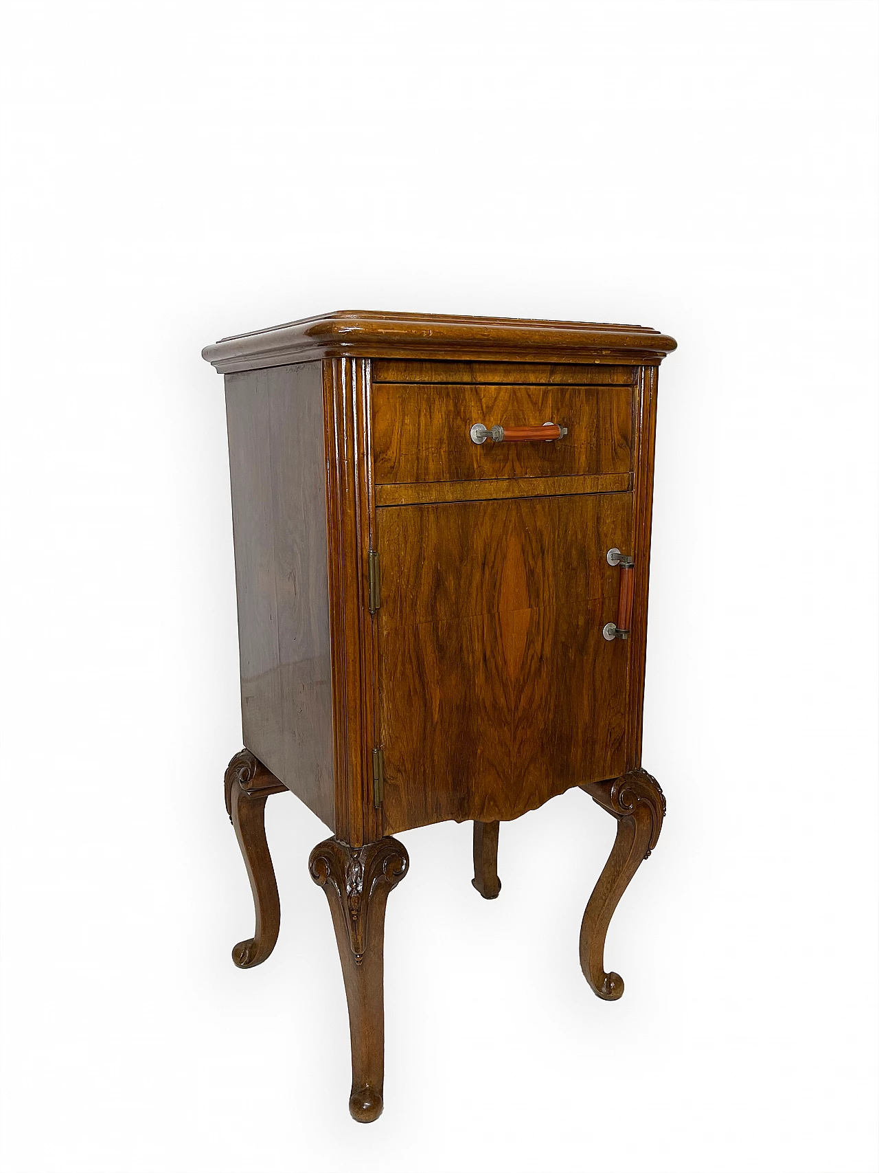Pair of walnut bedside table with black veined marble top, 1930s 25