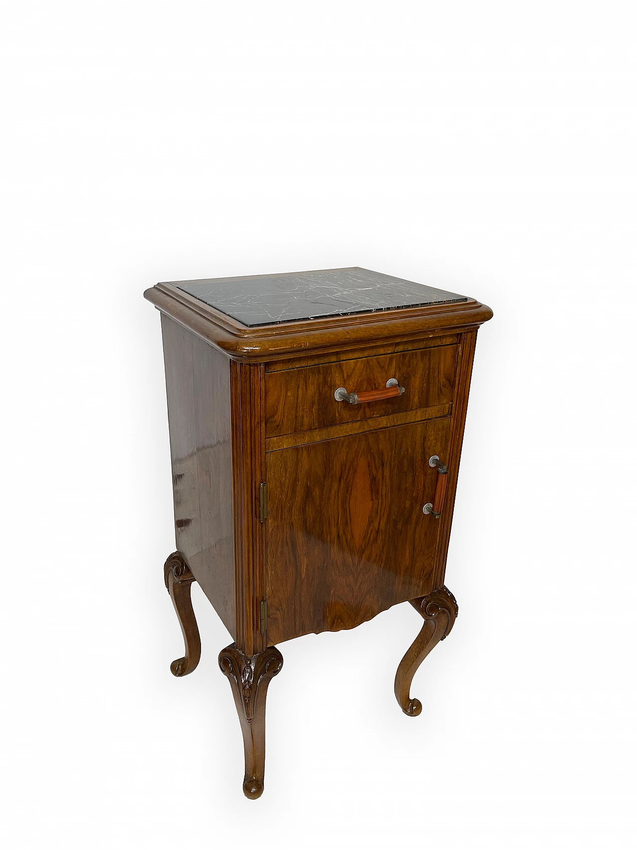 Pair of walnut bedside table with black veined marble top, 1930s 26
