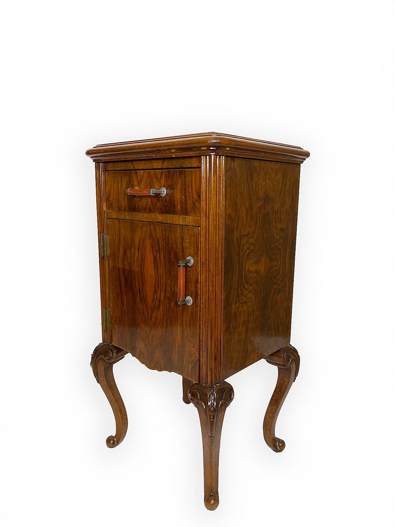 Pair of walnut bedside table with black veined marble top, 1930s 30