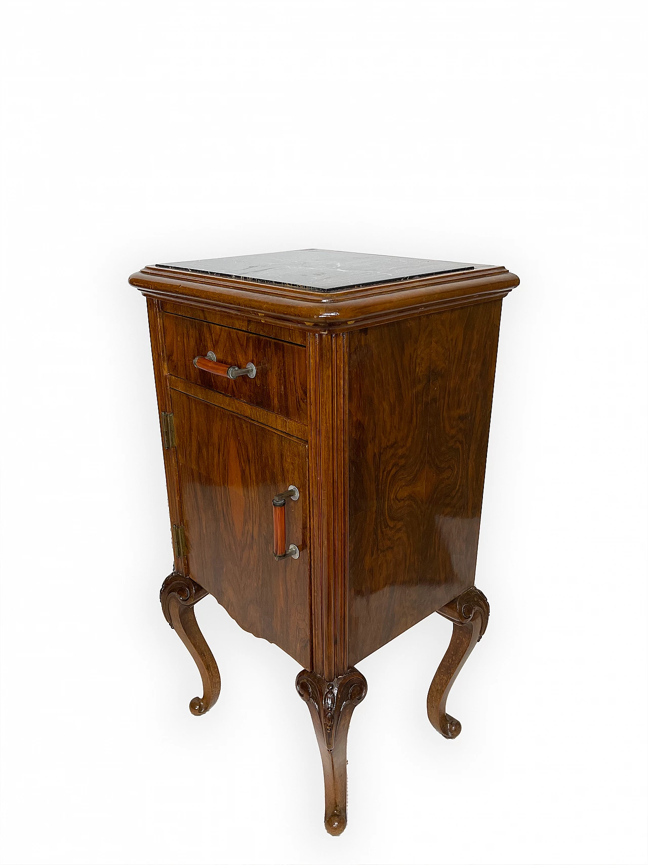 Pair of walnut bedside table with black veined marble top, 1930s 31