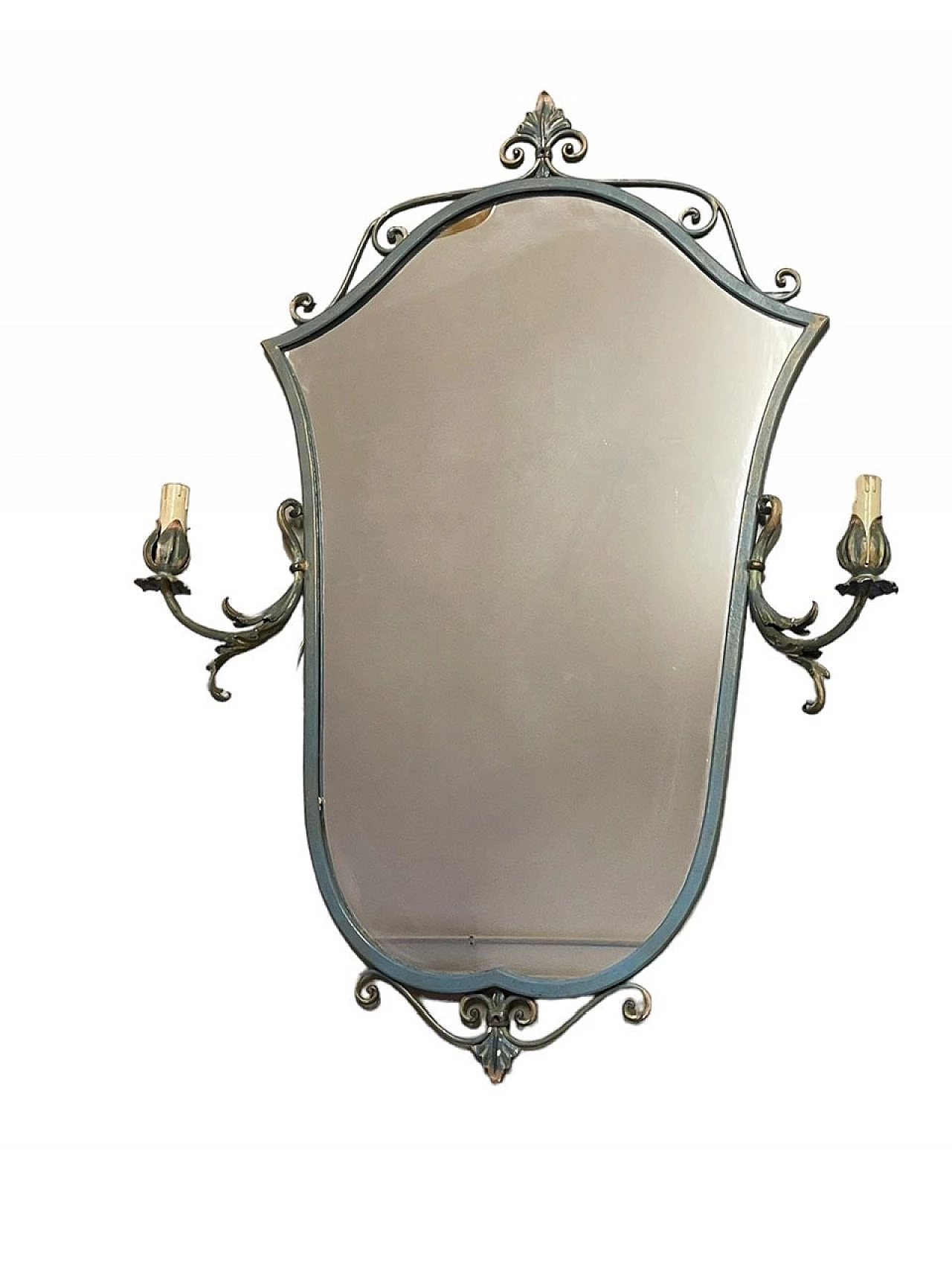Specchio tole in metallo con due applique laterali, anni '50 1