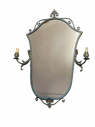 Specchio tole in metallo con due applique laterali, anni '50