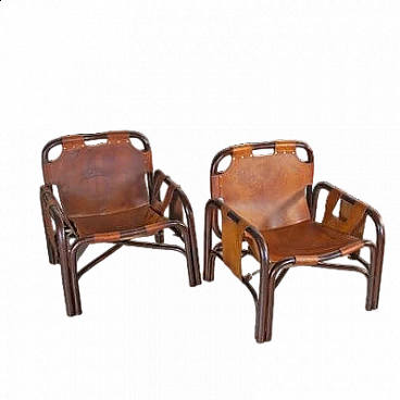 Pair of leather and bamboo armchairs by Tito Agnoli, 1960s