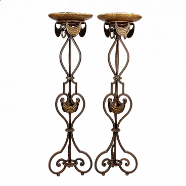 Pair of floor torch holders in wrought iron