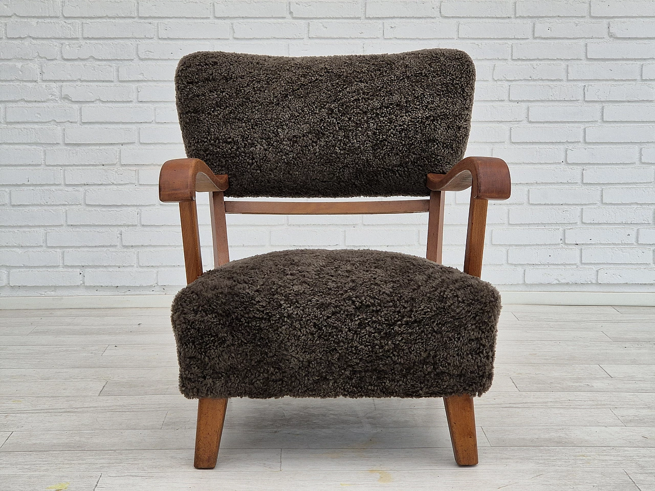 Danish beechwood armchair with sheep skin upholstery, 1950s 2