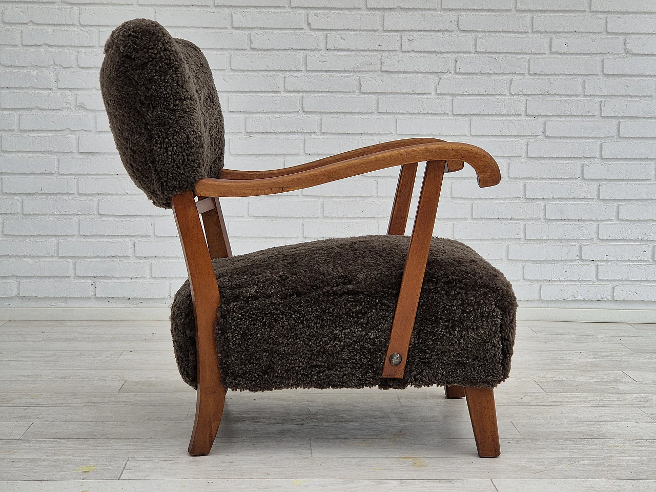 Danish beechwood armchair with sheep skin upholstery, 1950s 3