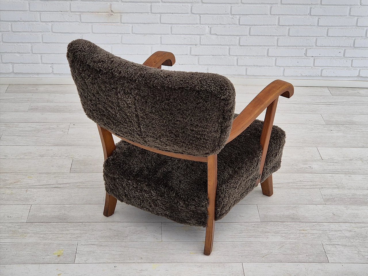 Danish beechwood armchair with sheep skin upholstery, 1950s 4