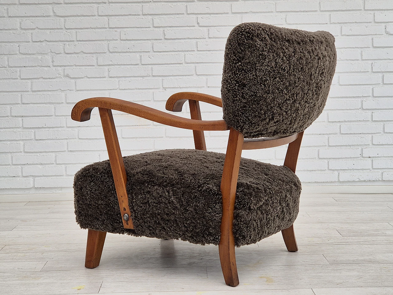 Danish beechwood armchair with sheep skin upholstery, 1950s 6