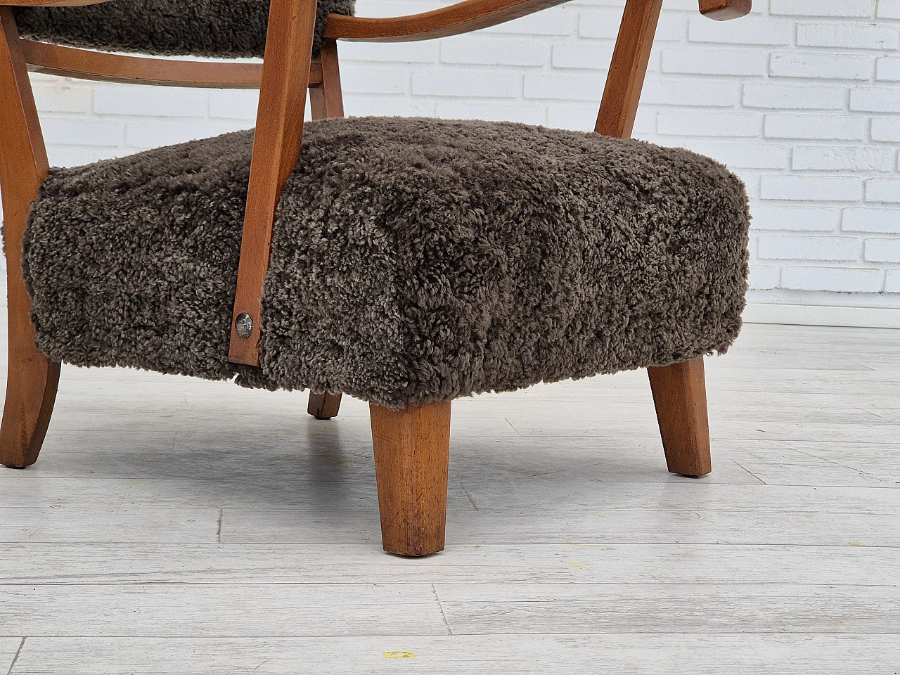 Danish beechwood armchair with sheep skin upholstery, 1950s 7