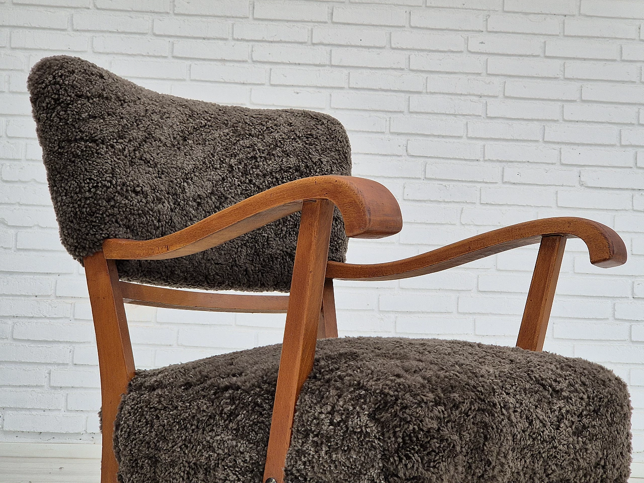 Danish beechwood armchair with sheep skin upholstery, 1950s 8