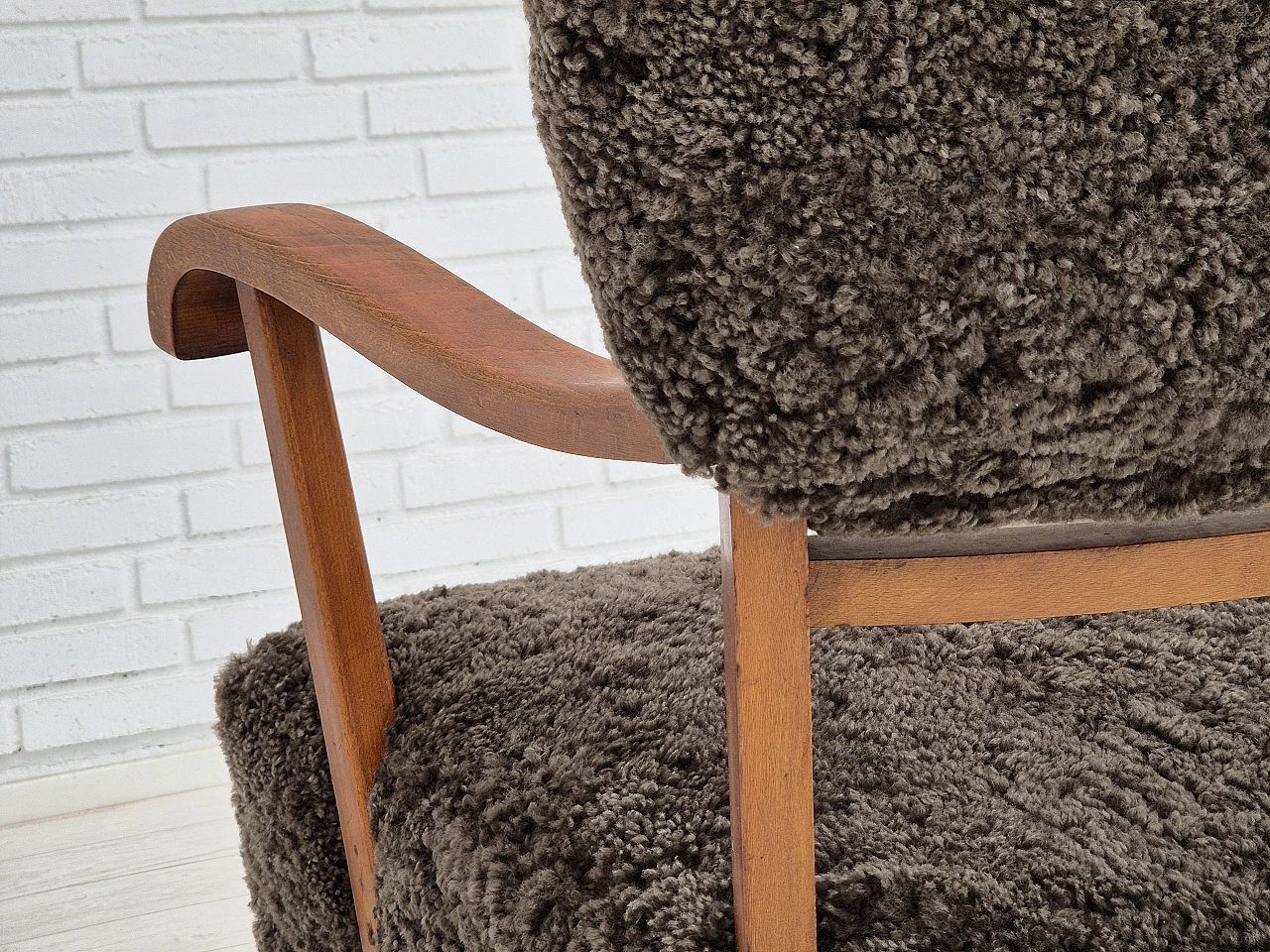 Danish beechwood armchair with sheep skin upholstery, 1950s 10