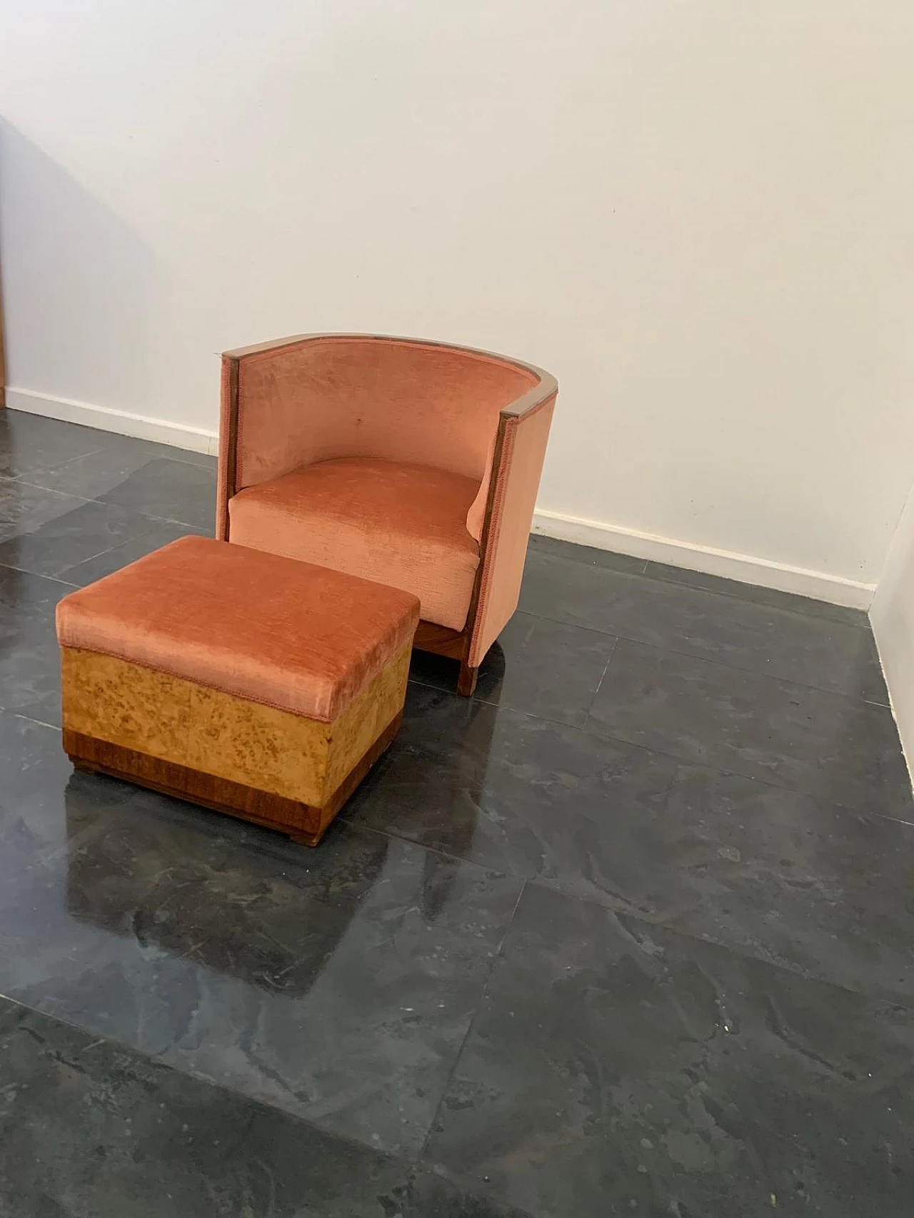 Walnut and thuja root armchair and pouf, 1930s 2