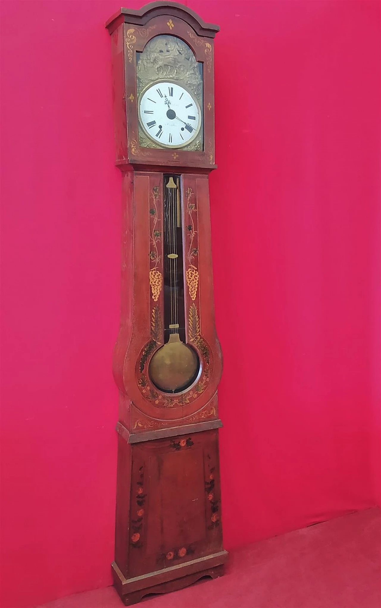 Red lacquered and painted spruce pendulum clock, mid-19th century 1