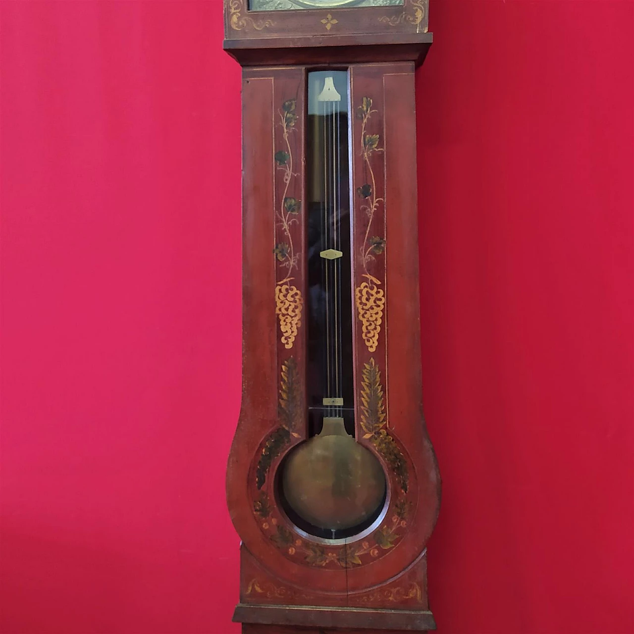 Orologio a pendolo in abete laccato rosso e dipinto, metà '800 3