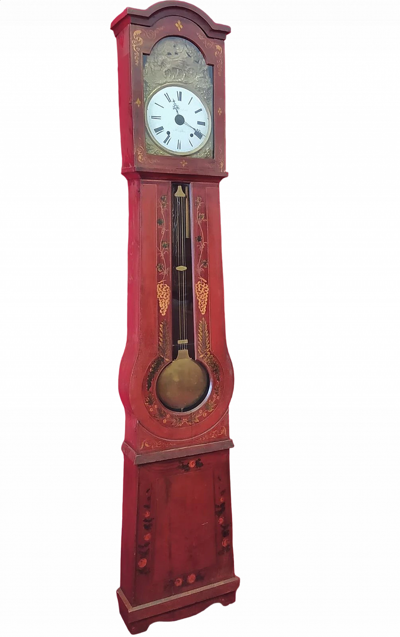 Orologio a pendolo in abete laccato rosso e dipinto, metà '800 10