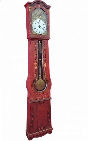 Red lacquered and painted spruce pendulum clock, mid-19th century
