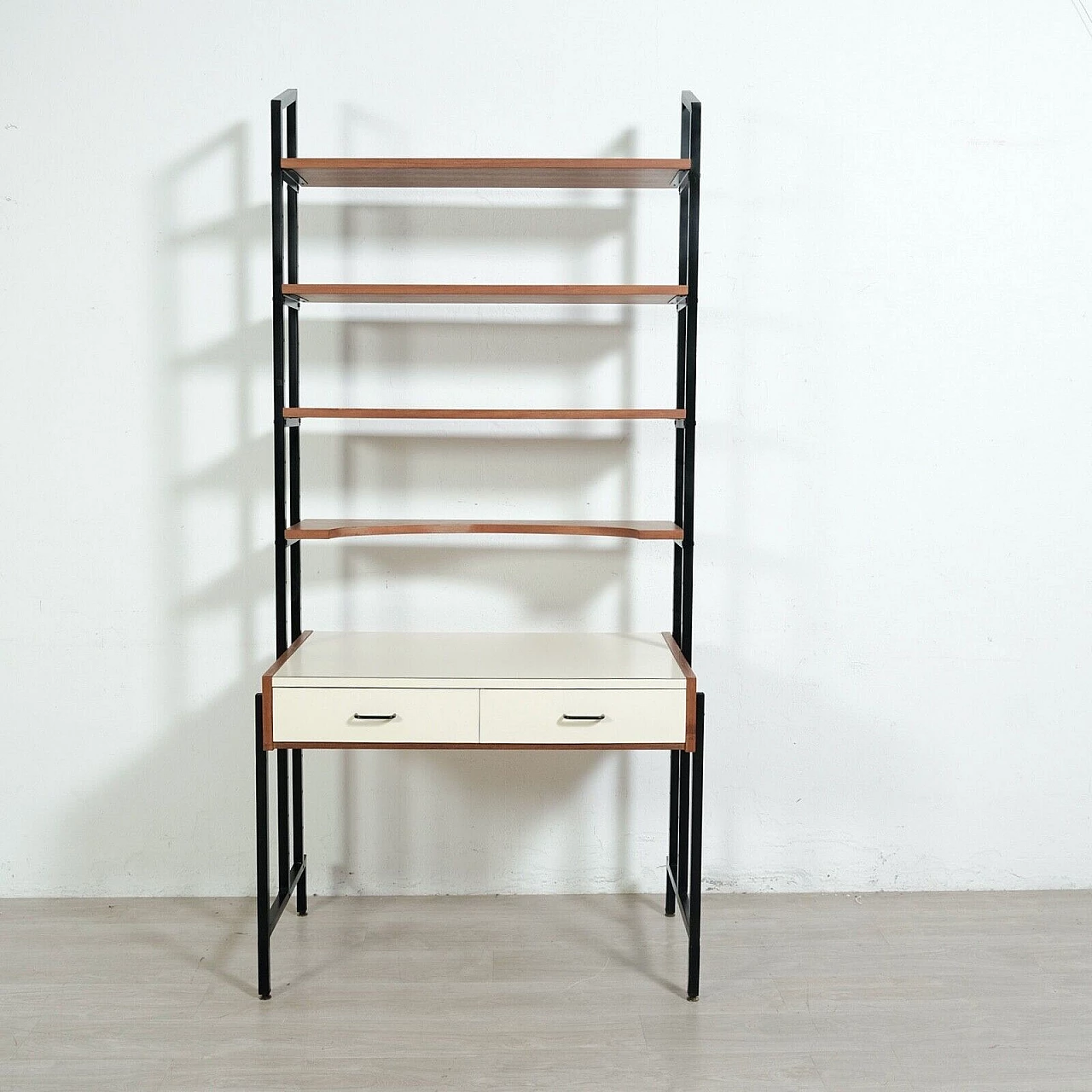 Libreria con scrittoio in ferro smaltato, legno e formica, anni '60 3