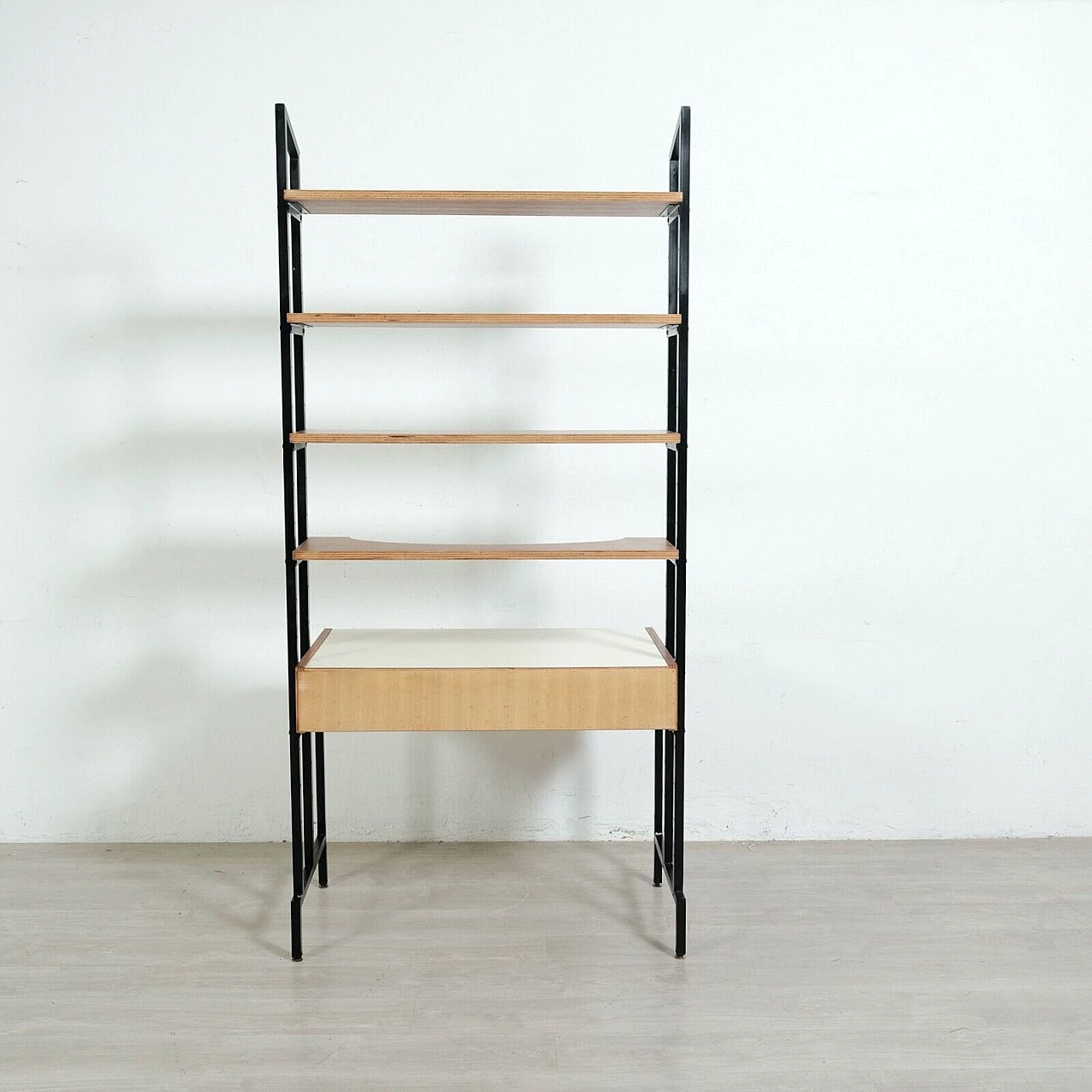 Libreria con scrittoio in ferro smaltato, legno e formica, anni '60 6