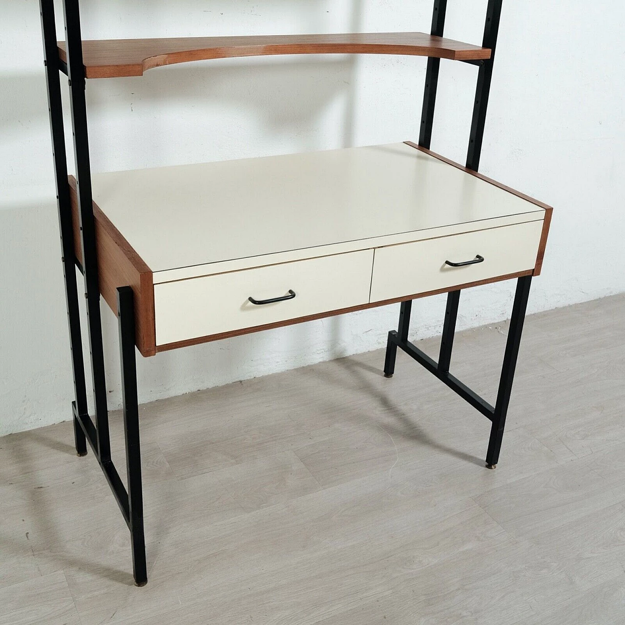 Libreria con scrittoio in ferro smaltato, legno e formica, anni '60 10