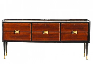 Rosewood and brass chest of drawers with glass top, 1950s