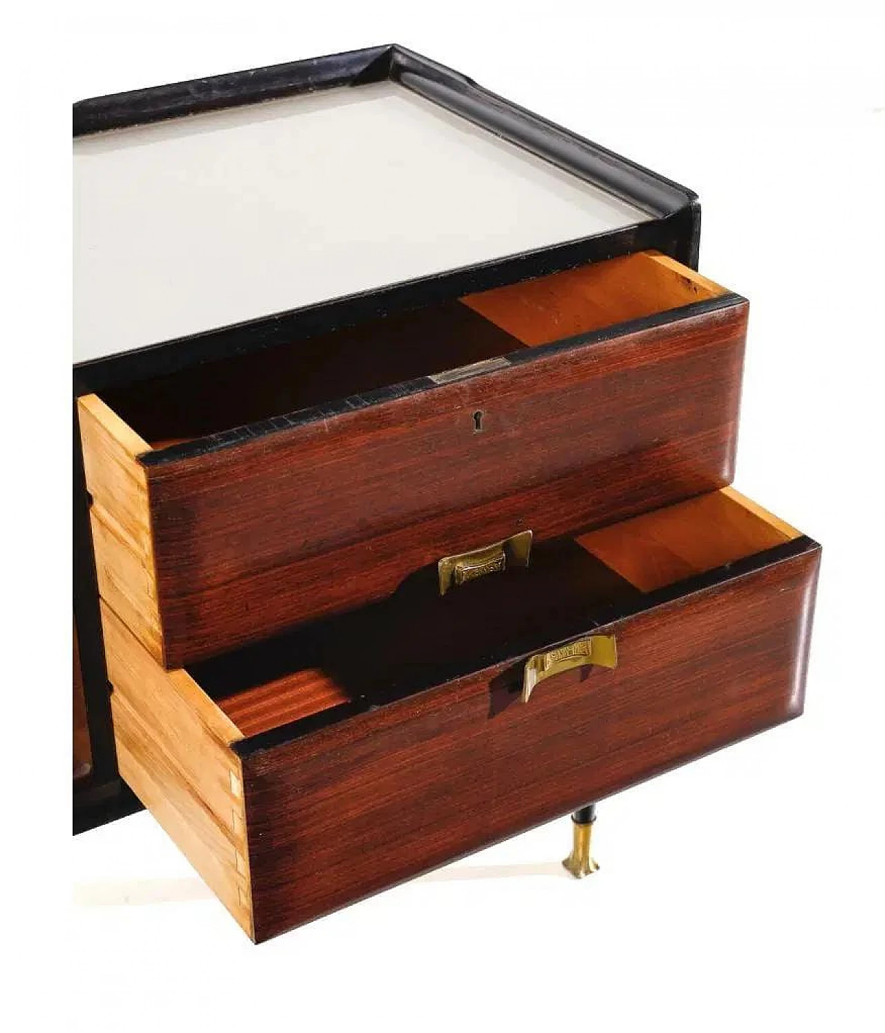 Cassettiera in palissandro e ottone con piano in vetro, anni '50 4