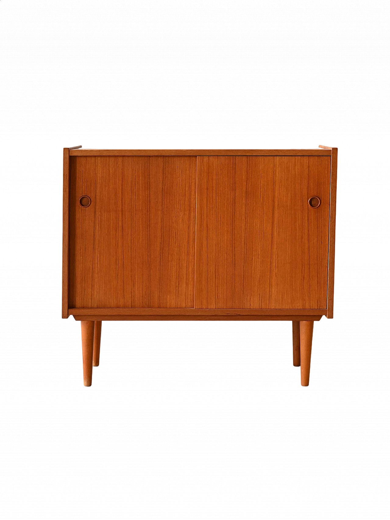Teak sideboard with sliding doors with cone-shaped legs, 1960s 11
