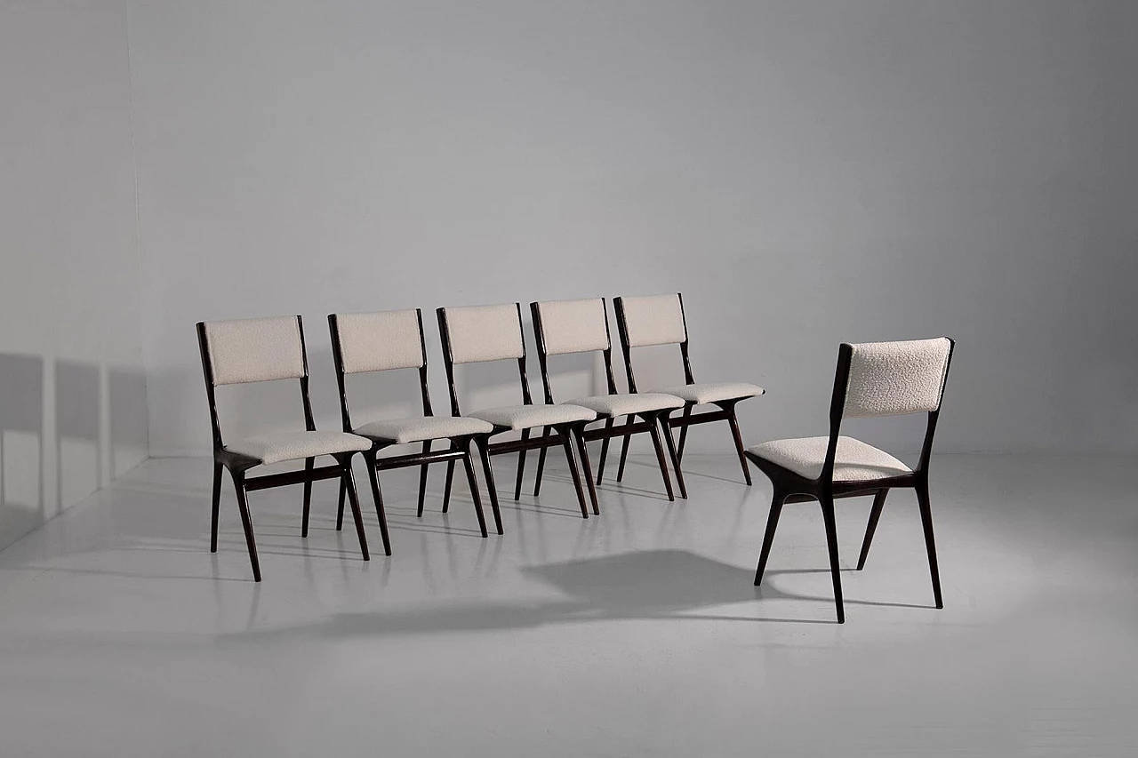 6 Chairs in wood and bouclé fabric by Carlo De Carli, 1950s 2