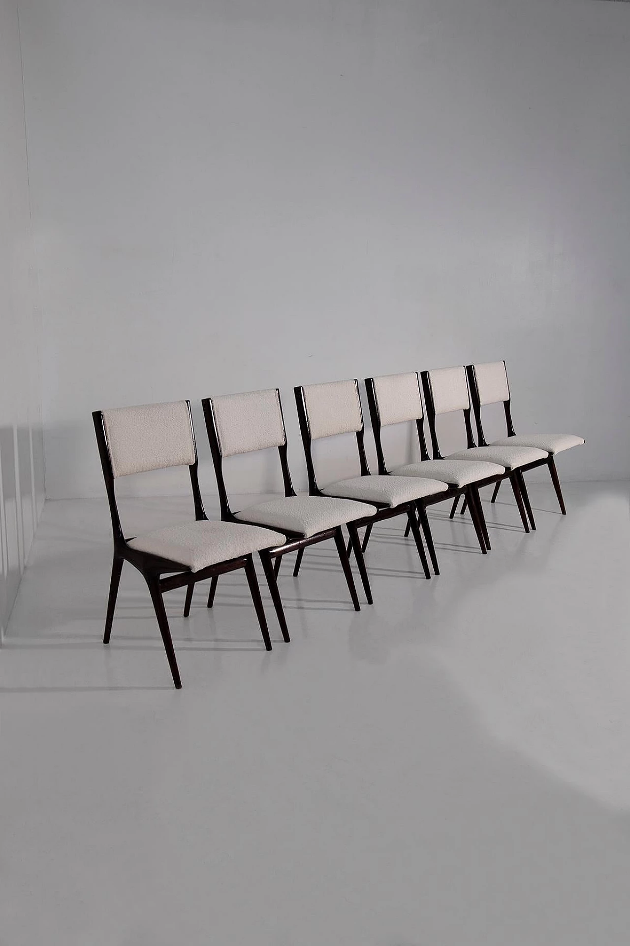 6 Chairs in wood and bouclé fabric by Carlo De Carli, 1950s 3