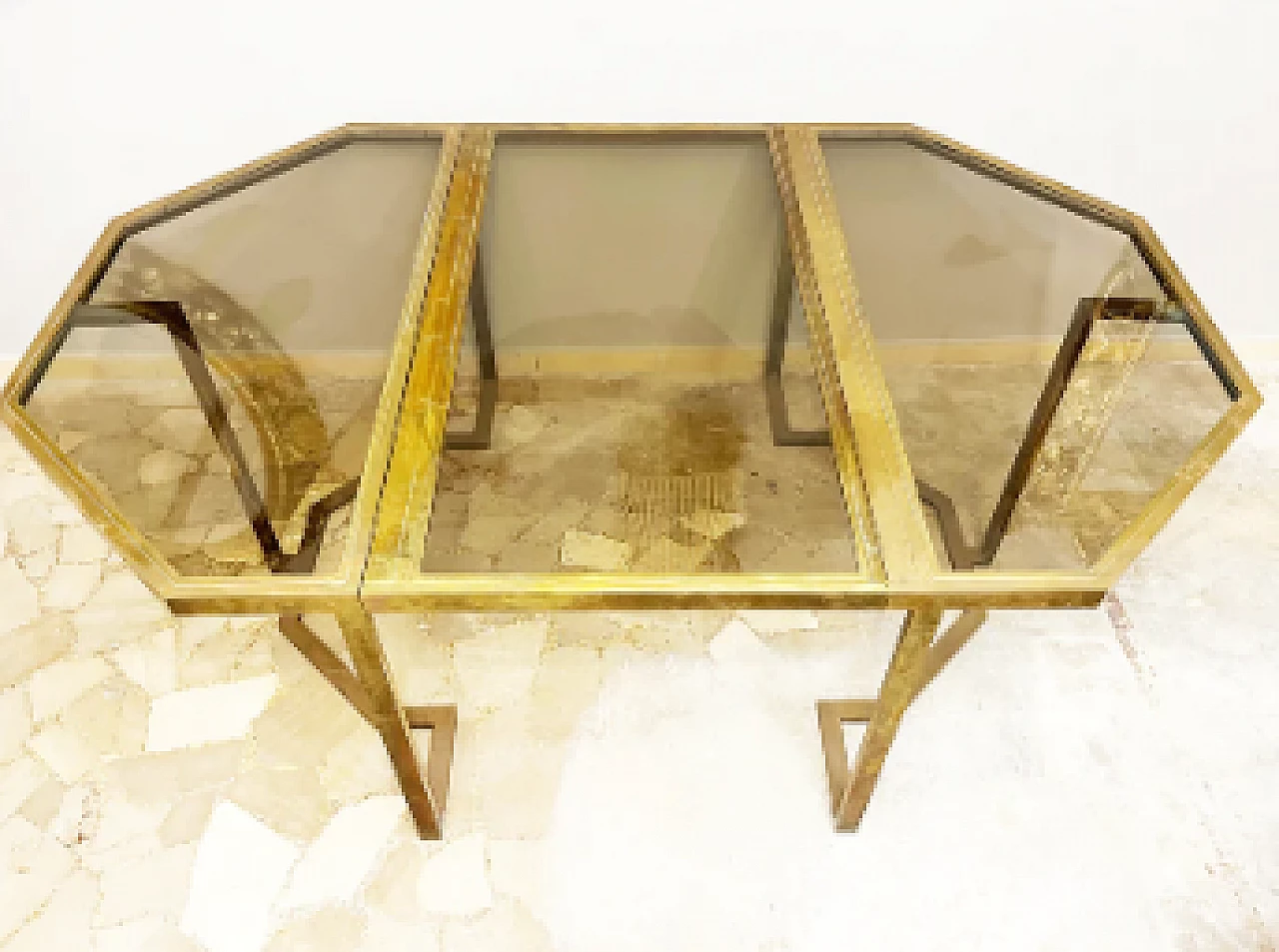 Octagonal brass and glass table attributed to Romeo Rega, 1970s 7