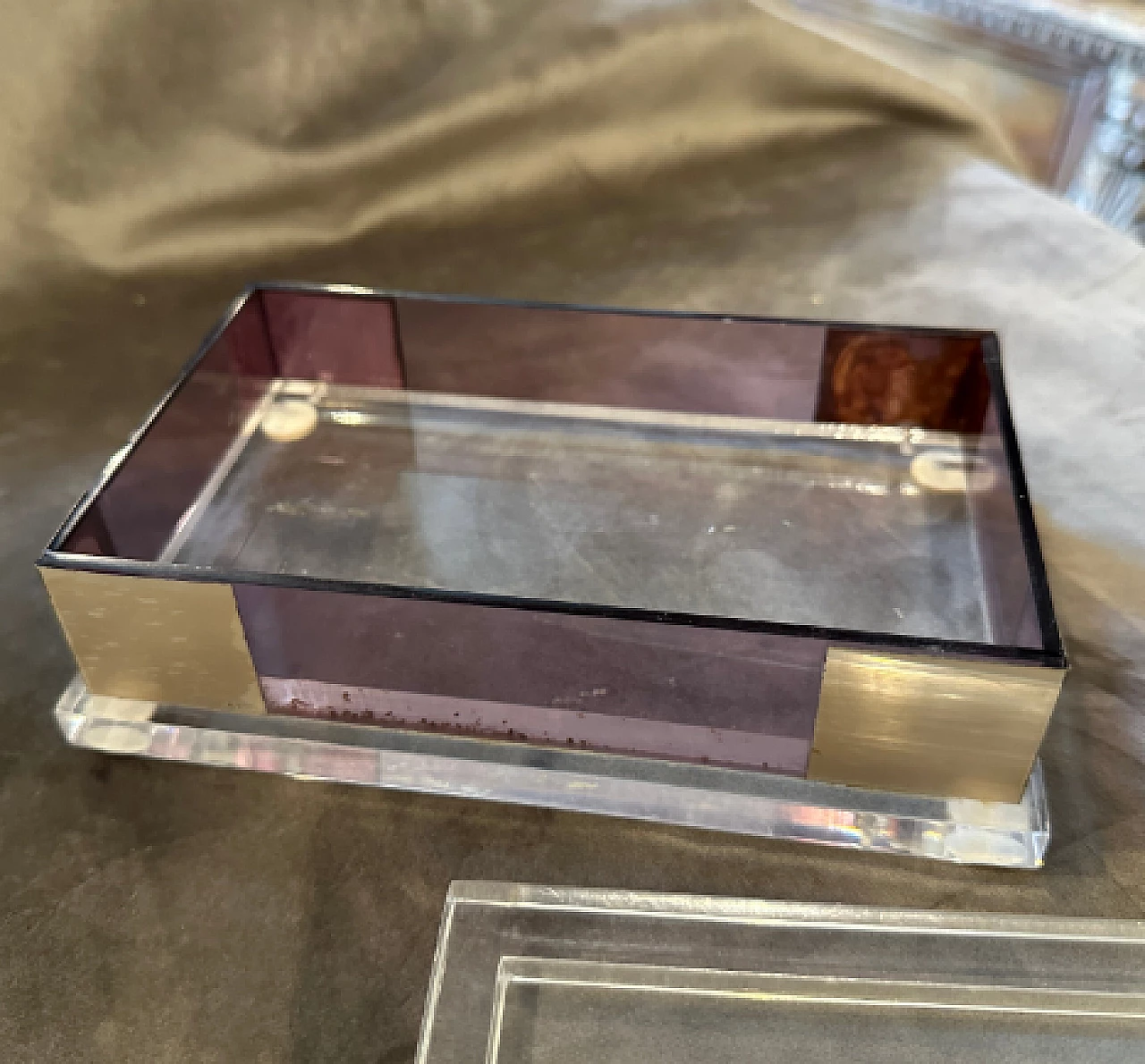 Transparent and pink lucite box with silver details, 1980s 2