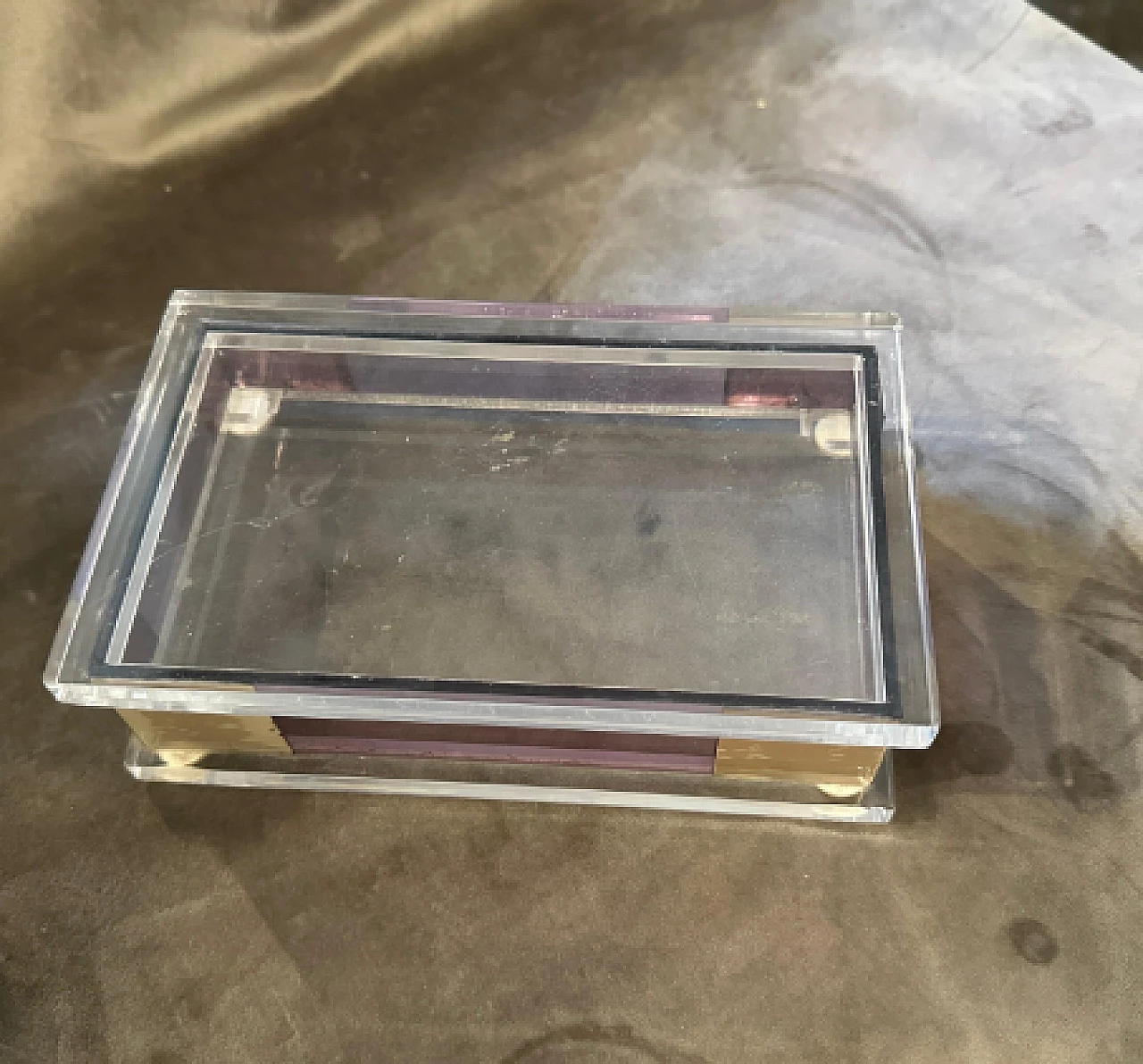 Transparent and pink lucite box with silver details, 1980s 3