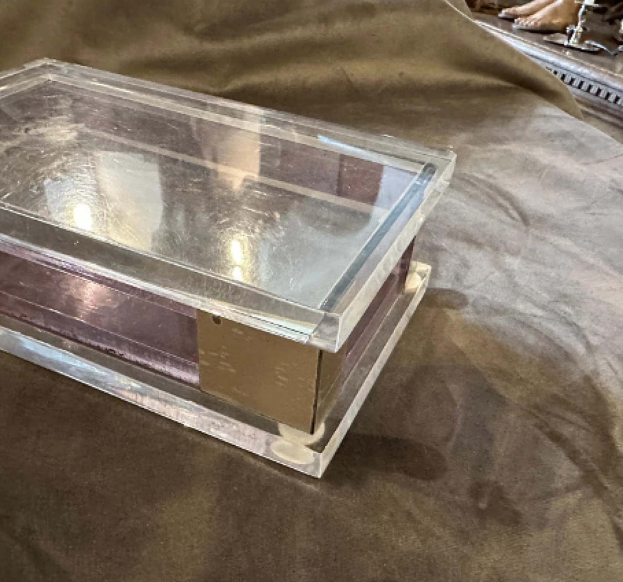 Transparent and pink lucite box with silver details, 1980s 9