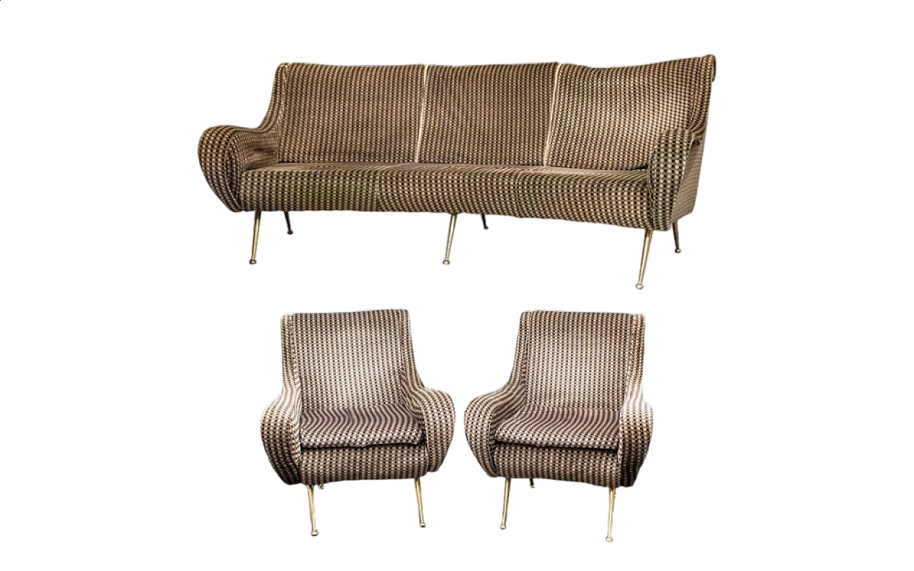 Brass and fabric sofa and pair of armchairs, 1960s 11