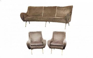 Brass and fabric sofa and pair of armchairs, 1960s