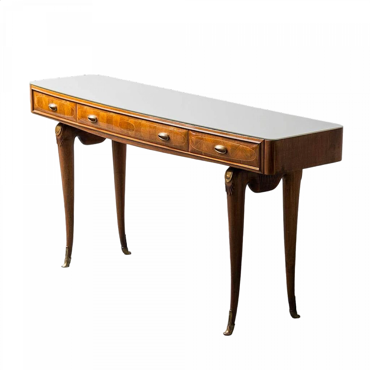 Consolle da ingresso in legno con piano in vetro e cassetti, anni '50 11