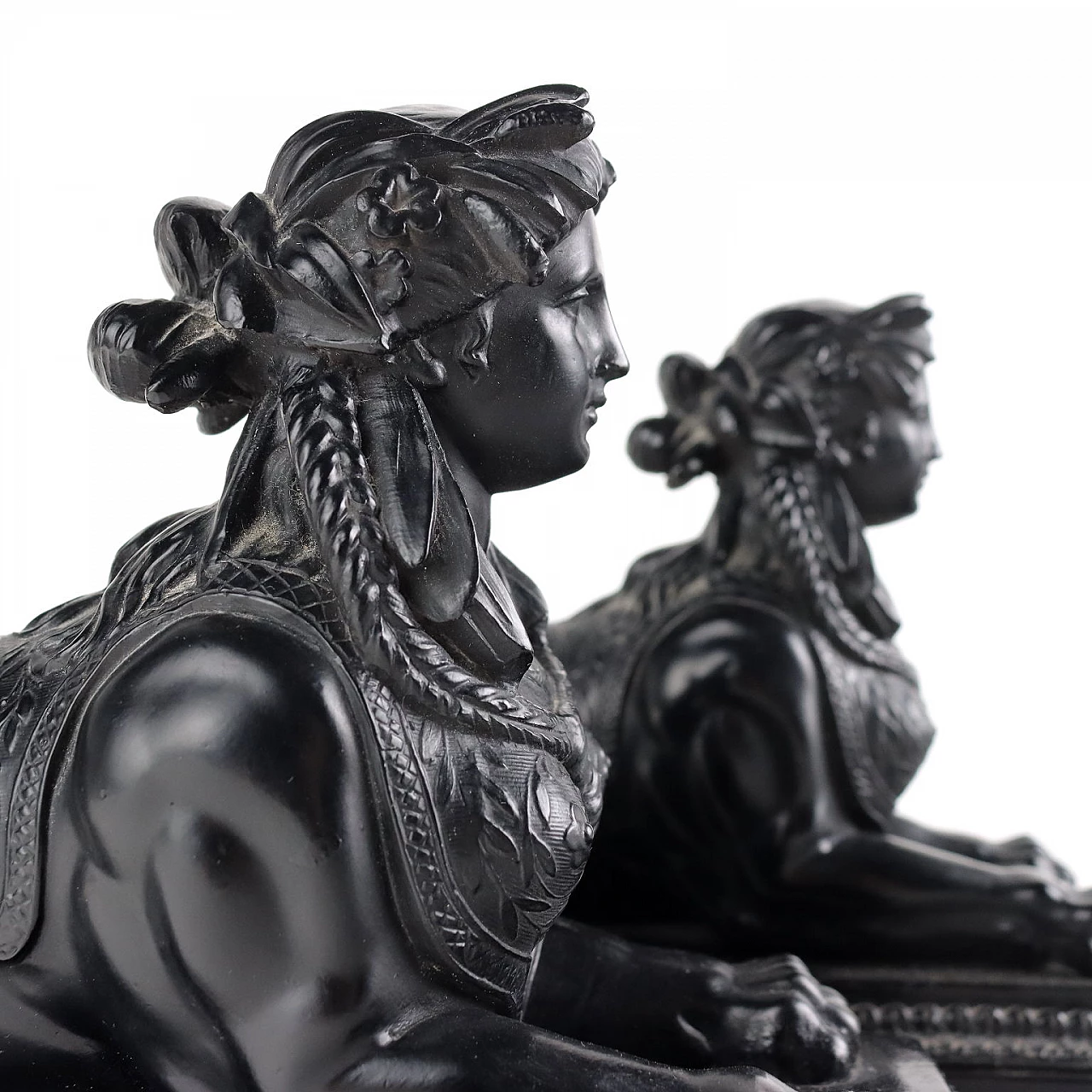 Pair of patinated resin sphinxes in black 3