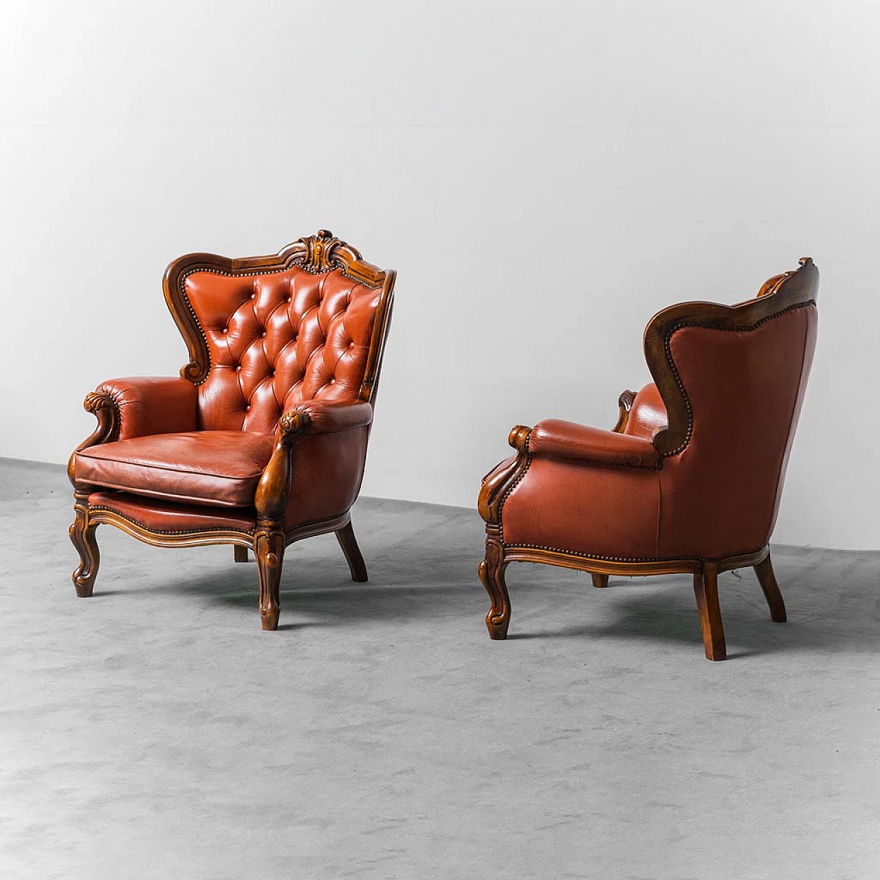 Pair of armchairs in wood and brown leather, 1950s 1