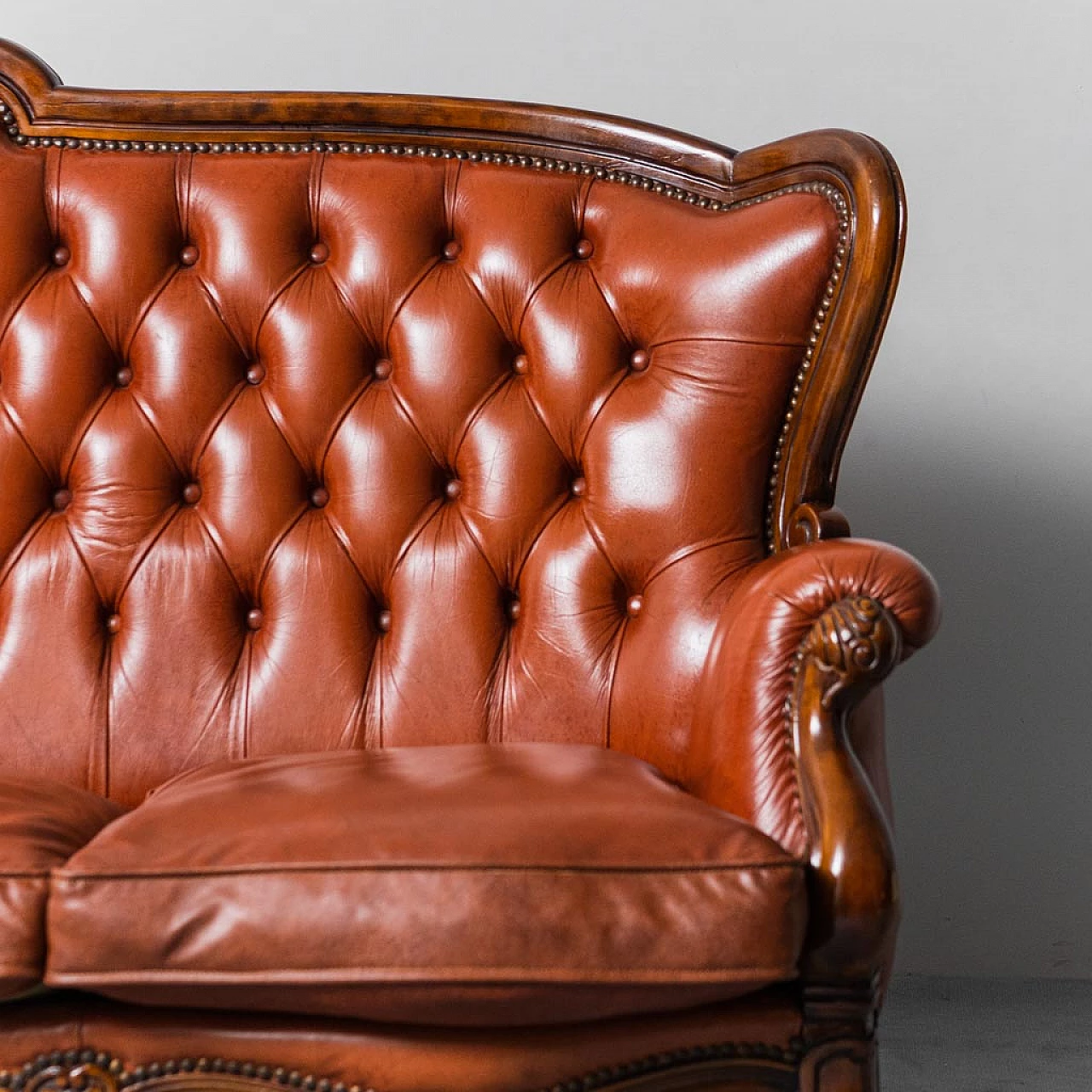 3-Seater sofa in wood and brown leather, 1950s 2